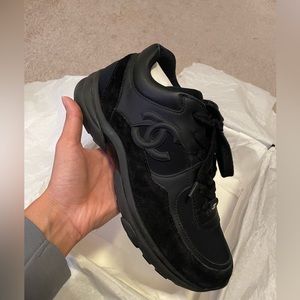 CHANEL Black Suede Calfskin Fabric CC Sneakers